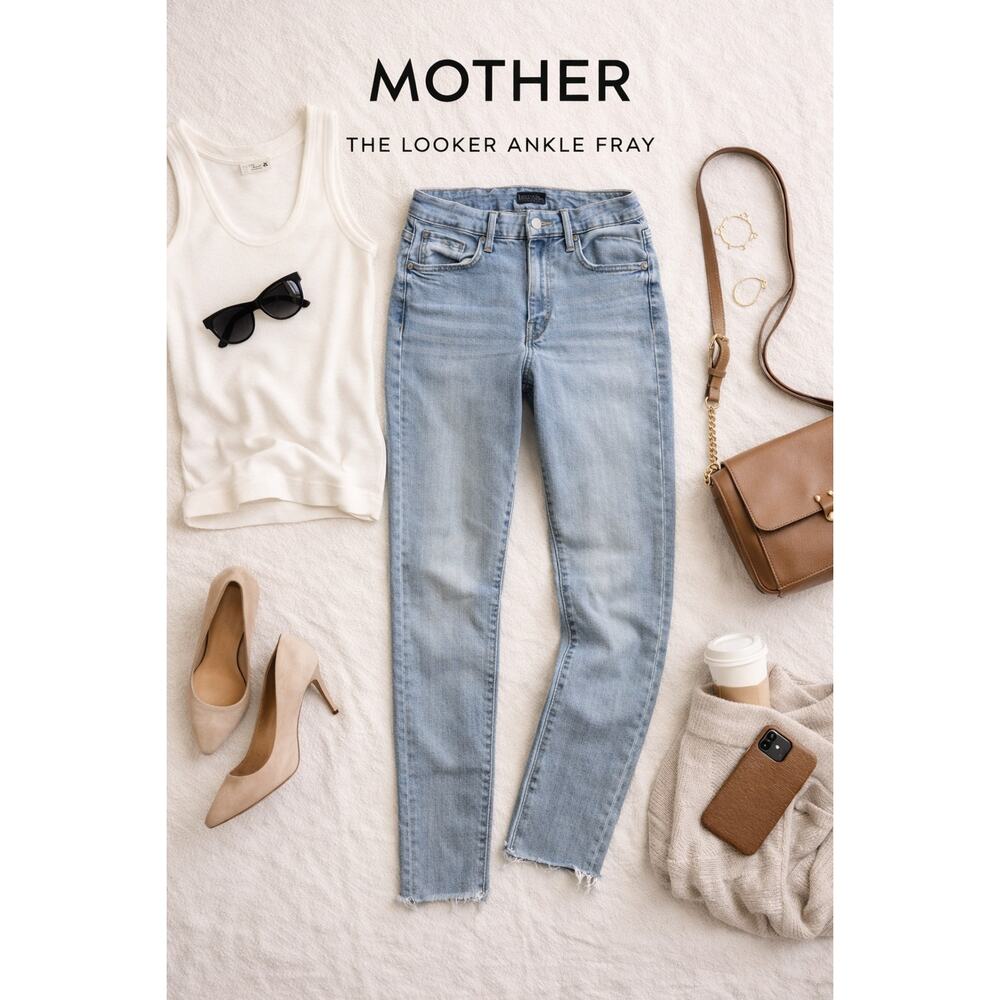 MOTHER The Looker Ankle Fray Jeans 26 Light Wash Skinny Raw Hem Designer Denim